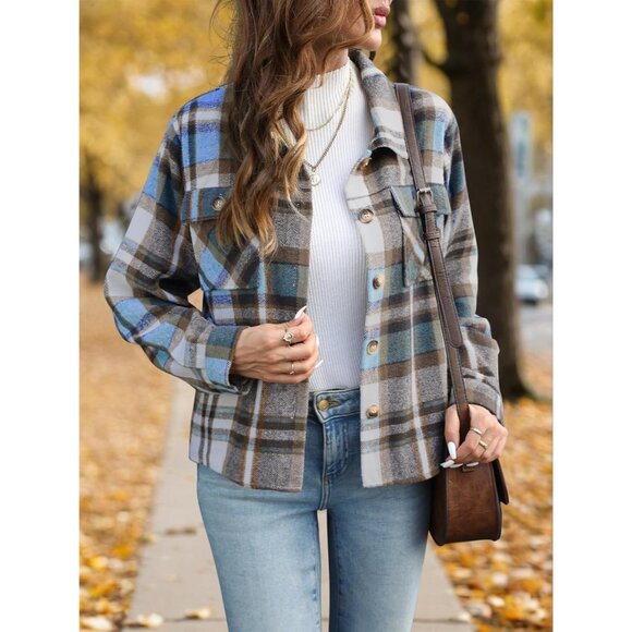 Women’s Flannel Cropped Shacket Plaid Long Sleeve Button Down Fall Coat - Picture 3 of 6